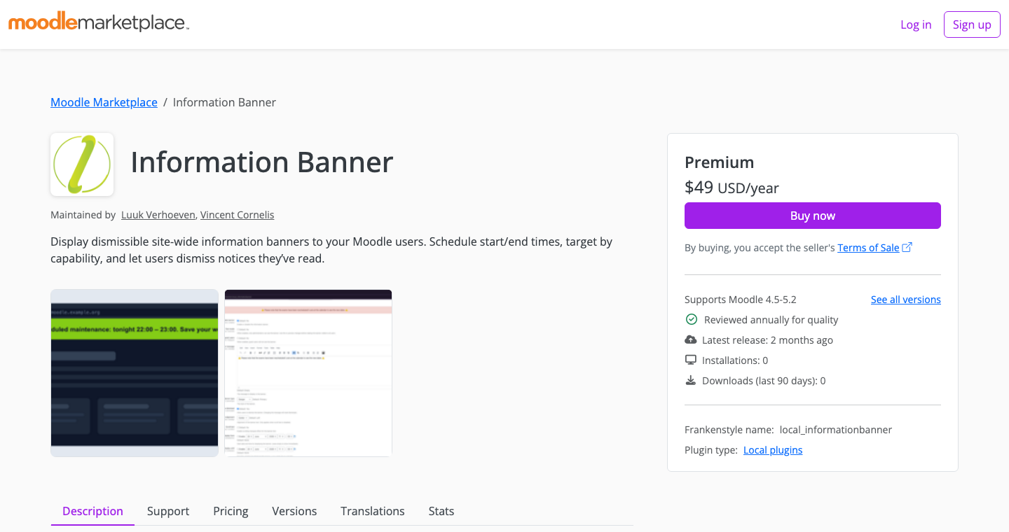 De pluginpagina van Information Banner op de Moodle Marketplace