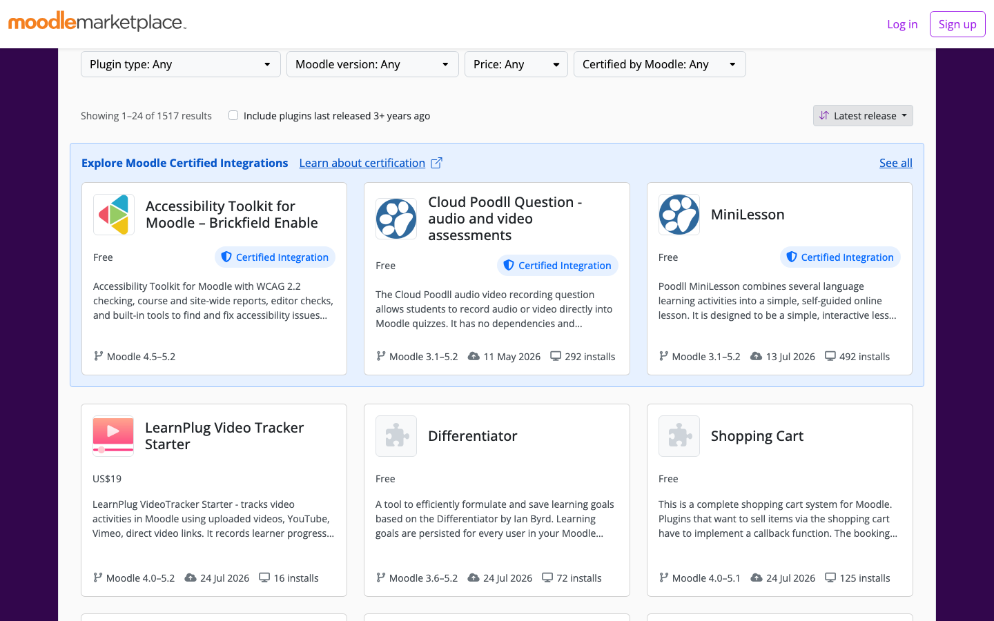 The Moodle Marketplace plugin catalogue — 1,517 listings at launch