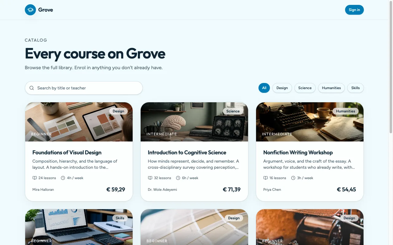 Course catalog of the Grove demo learning platform