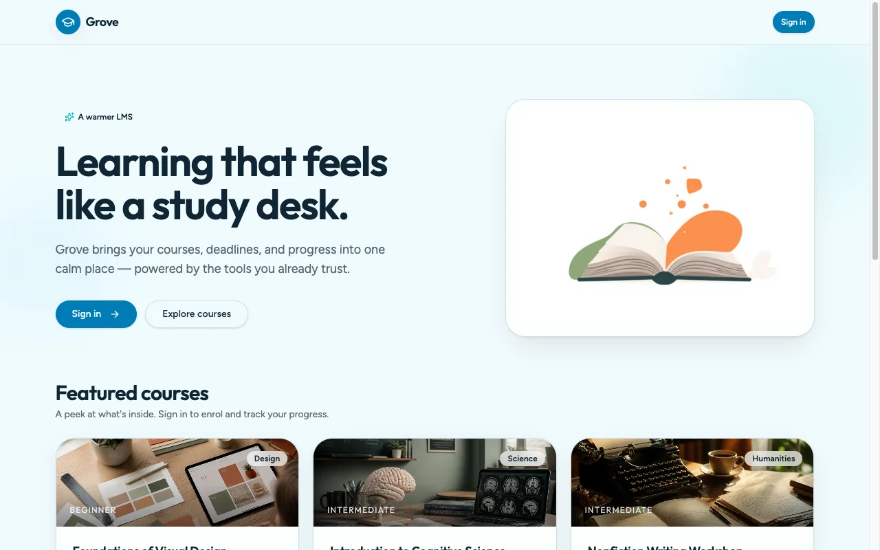 Homepage of the Grove demo learning platform