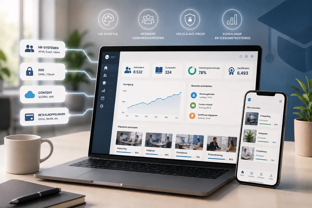 Dashboard van een maatwerk LMS op laptop en smartphone, met koppelingen naar HR-systemen, SSO, SCORM-content en betaalproviders
