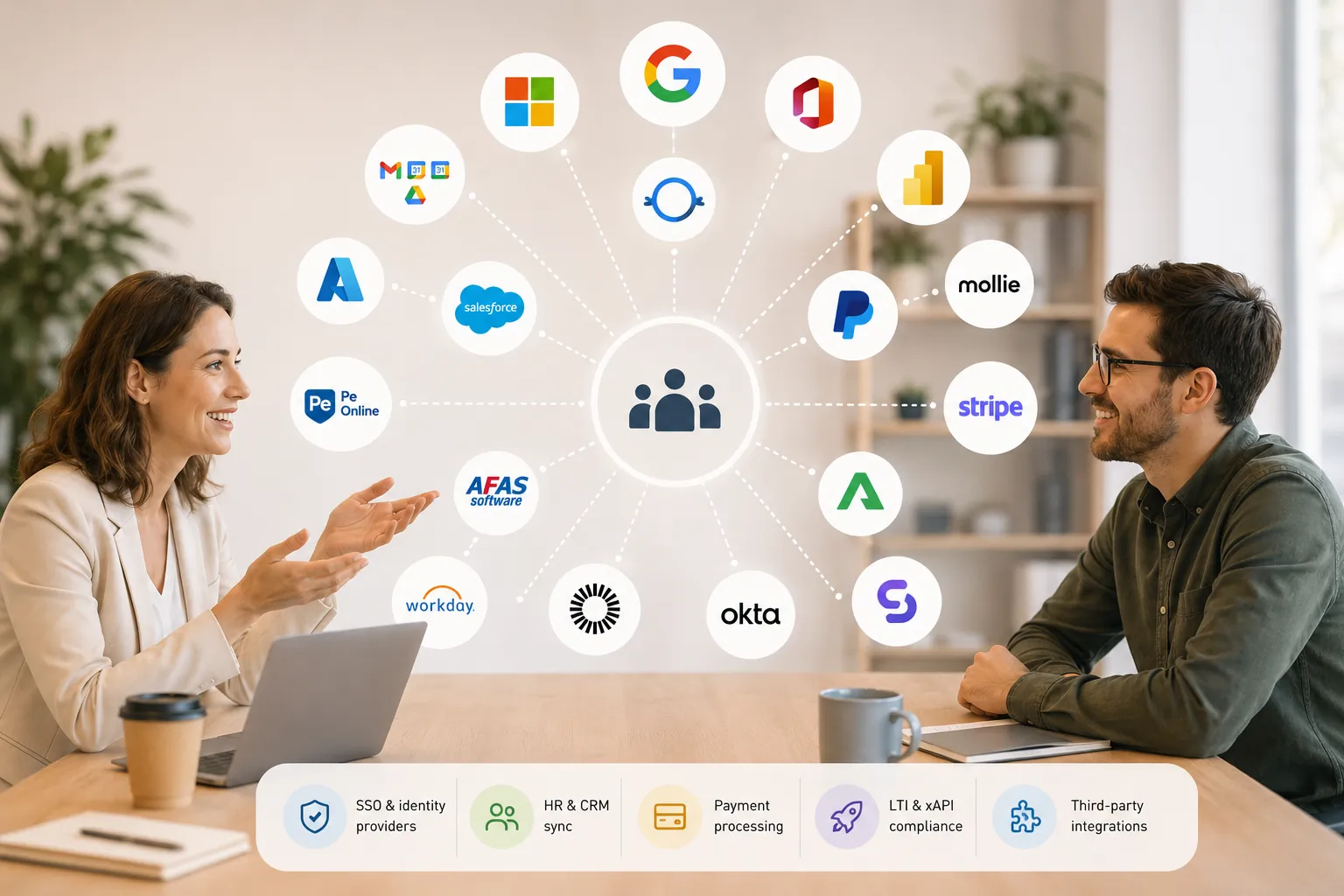 Systeemintegratiediagram met verbonden bedrijfsplatformen en Moodle™